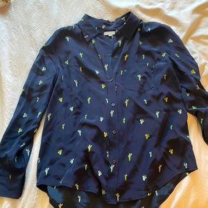 Long Sleeve Silk Blouse with Cactus Print